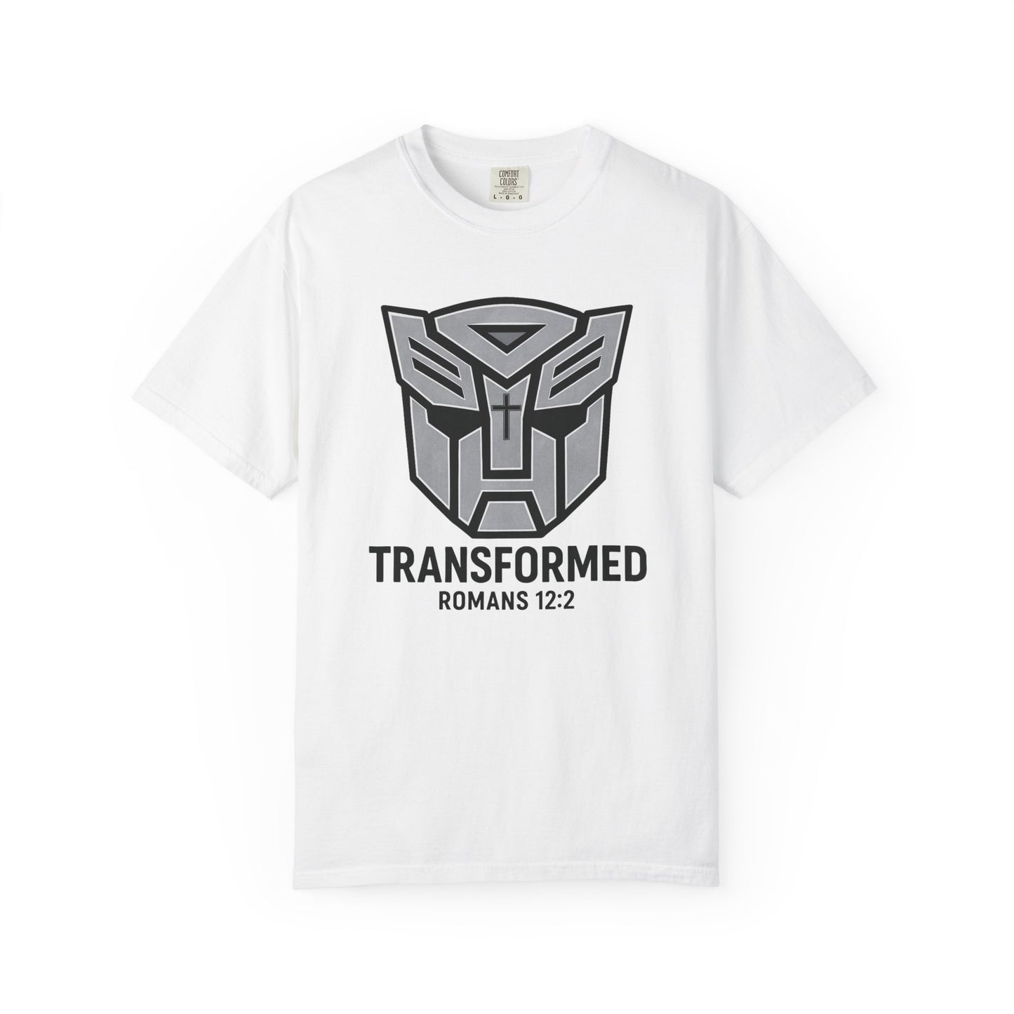 Transformed Graphic Tee — "Transformed" Romans 12:2 Christian Transformer Logo T-Shirt