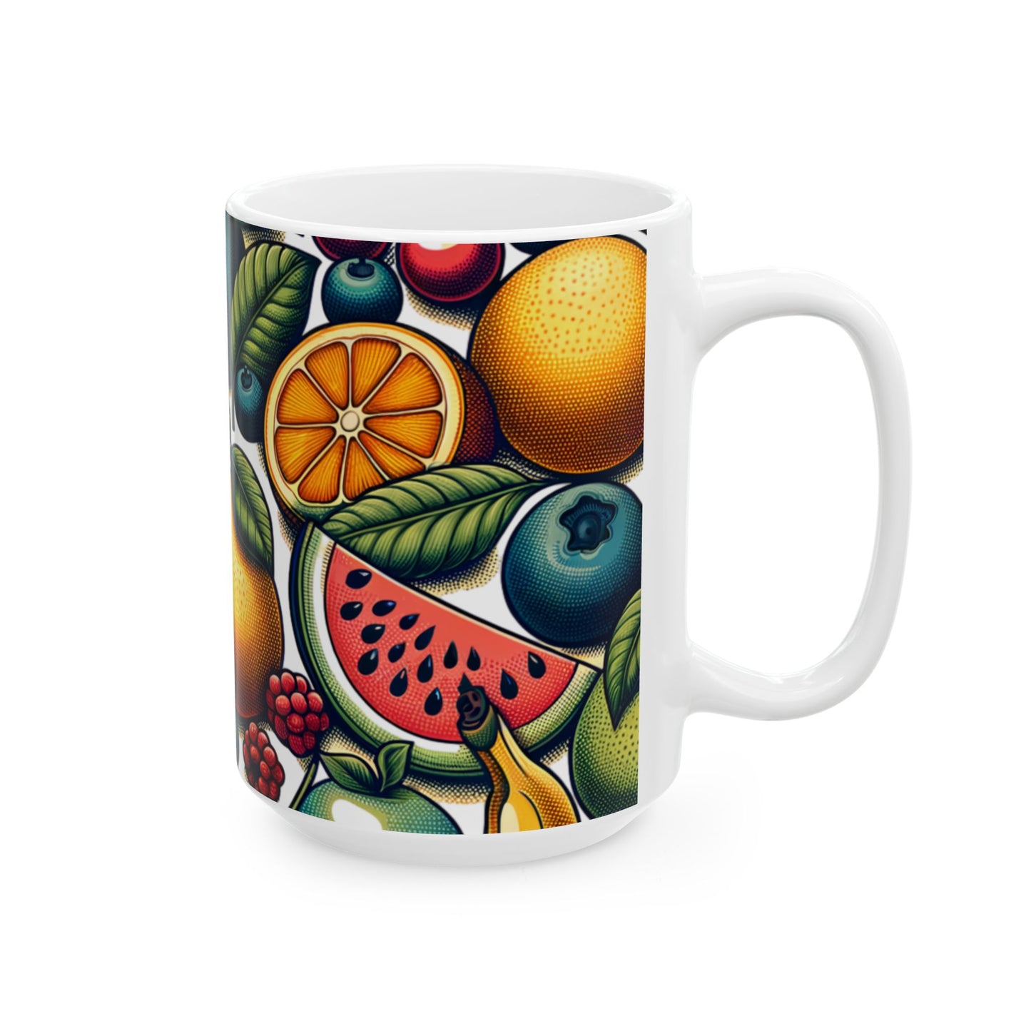 Fruit Pattern Ceramic Mug — Colorful Citrus & Berries 11oz/15oz