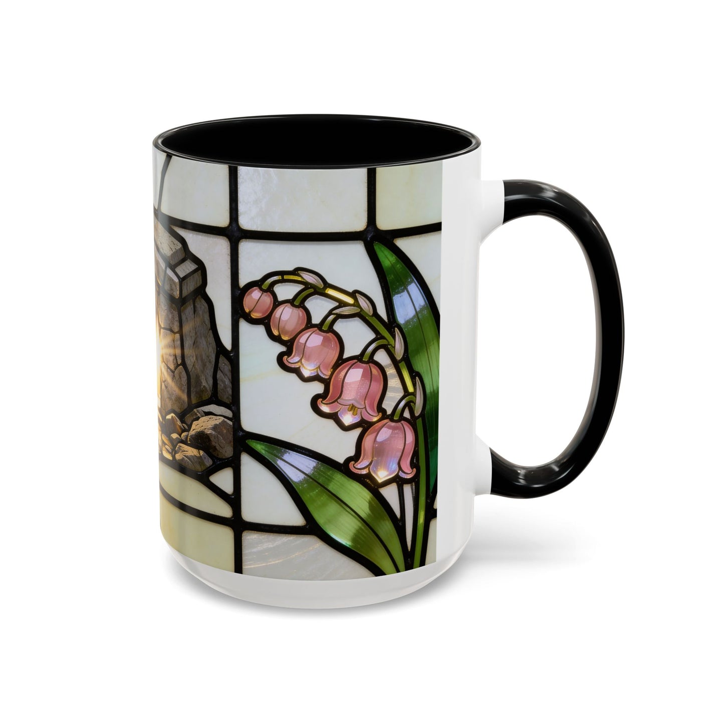 Stained Glass depiction of The Resurrected Tomb & Lily of the Valley Accent Coffee Mug — Christian Easter 11/15oz