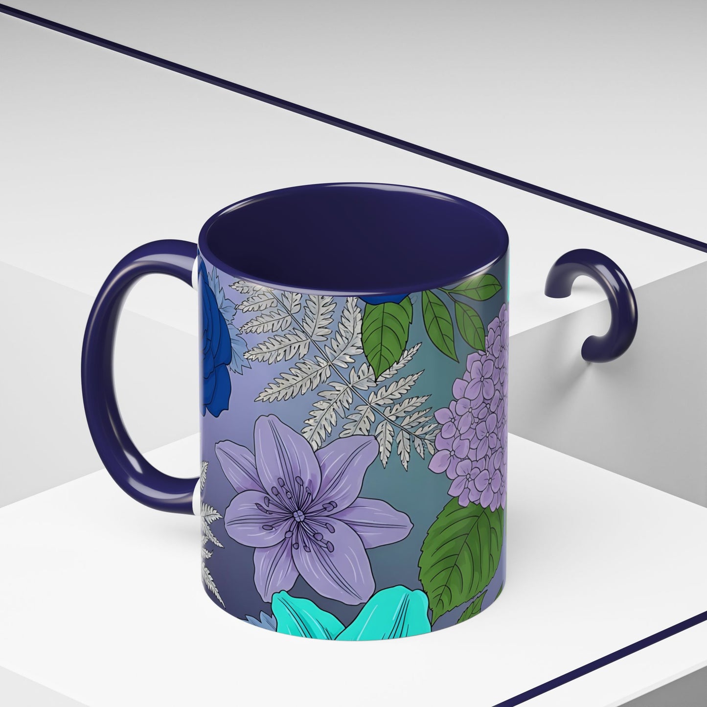 Floral Hydrangea Accent Coffee Mug — Teal & Lavender Botanical Drinkware