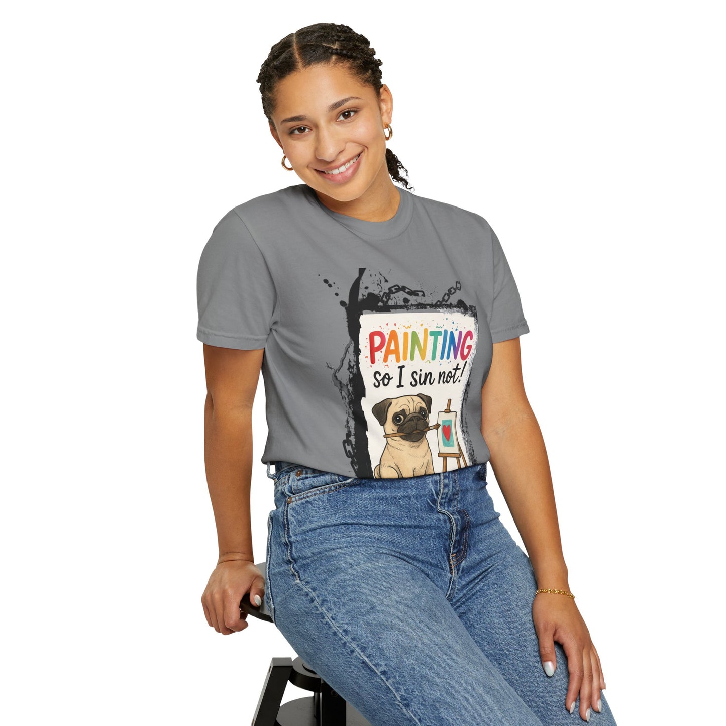 Humorous "Painting So I Sin Not" Pug T-Shirt