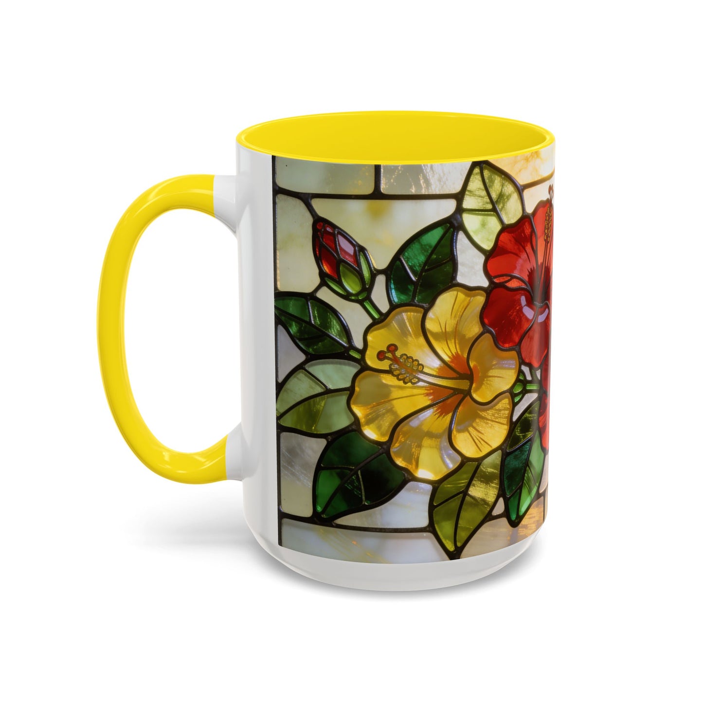 Floral Stained Glass Accent Coffee Mug – Hibiscus & Sunflower Design (11/15oz)