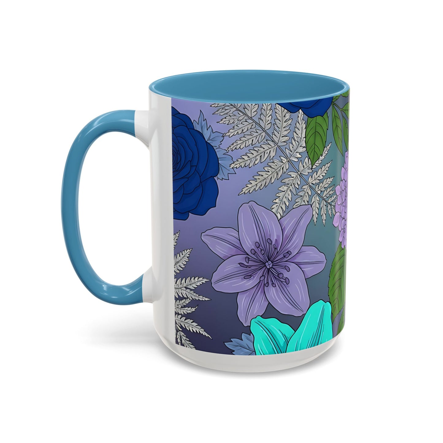 Floral Hydrangea Accent Coffee Mug — Teal & Lavender Botanical Drinkware