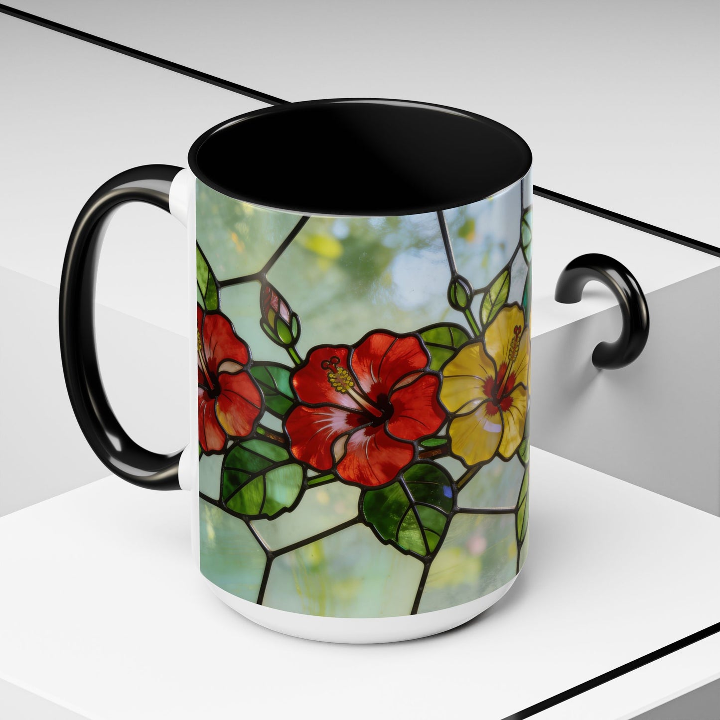 Stained Glass Floral Accent Coffee Mug — Hibiscus & Sunflower Art (11/15oz)
