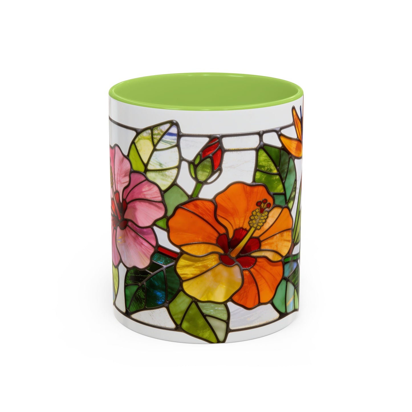 Stained Glass Tropical Flower Coffee Mug — Hibiscus & Bird of Paradise Accent Mug