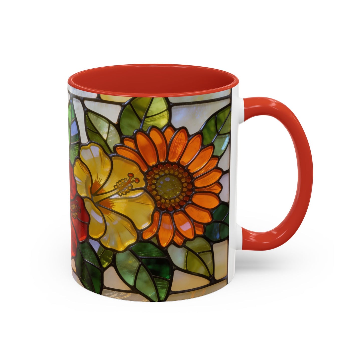 Floral Stained Glass Accent Coffee Mug – Hibiscus & Sunflower Design (11/15oz)