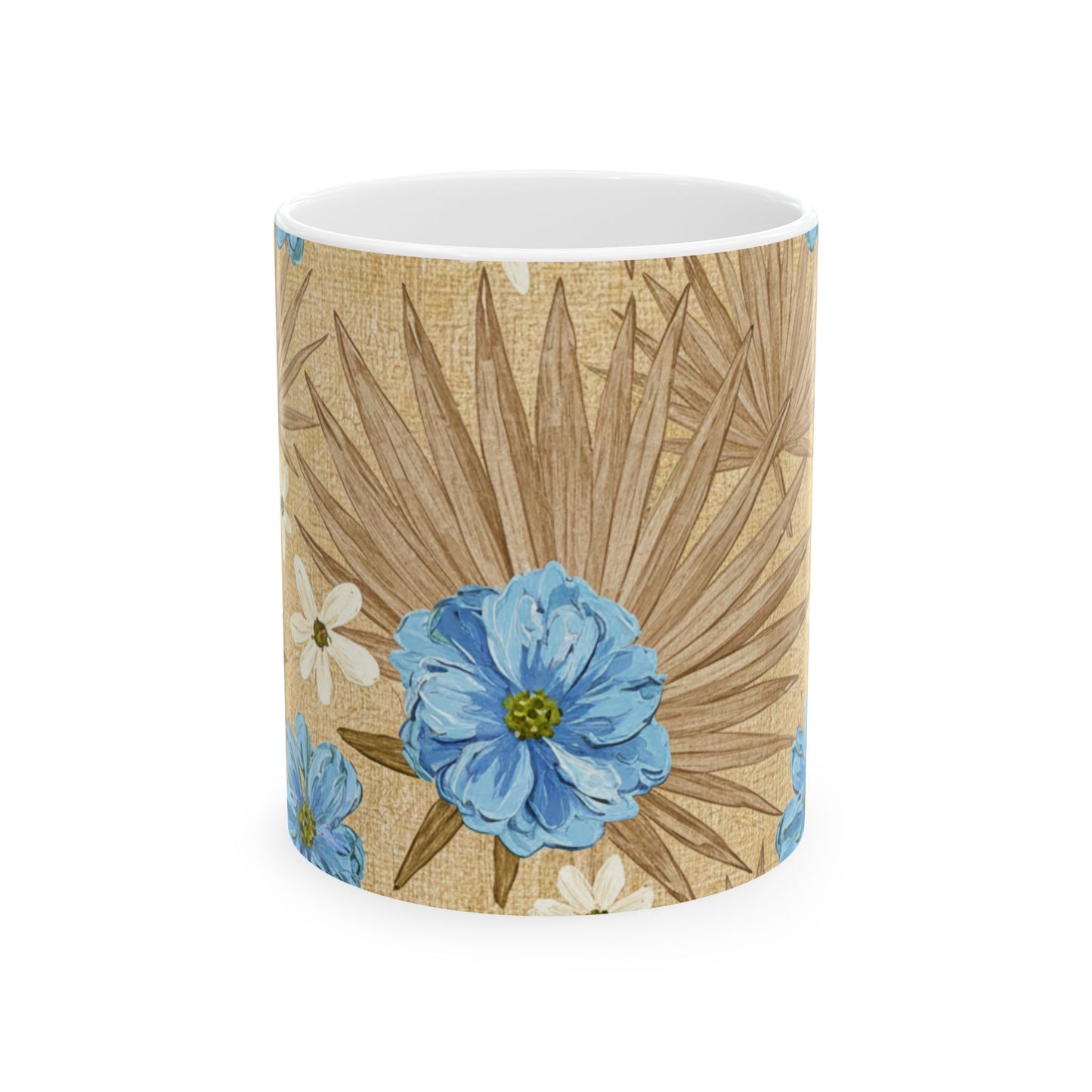 Floral Boho Ceramic Mug - Blue Wildflowers on Palm Leaf Background (11oz, 15oz)