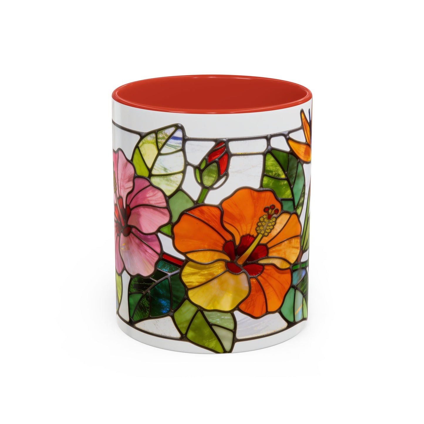 Stained Glass Tropical Flower Coffee Mug — Hibiscus & Bird of Paradise Accent Mug