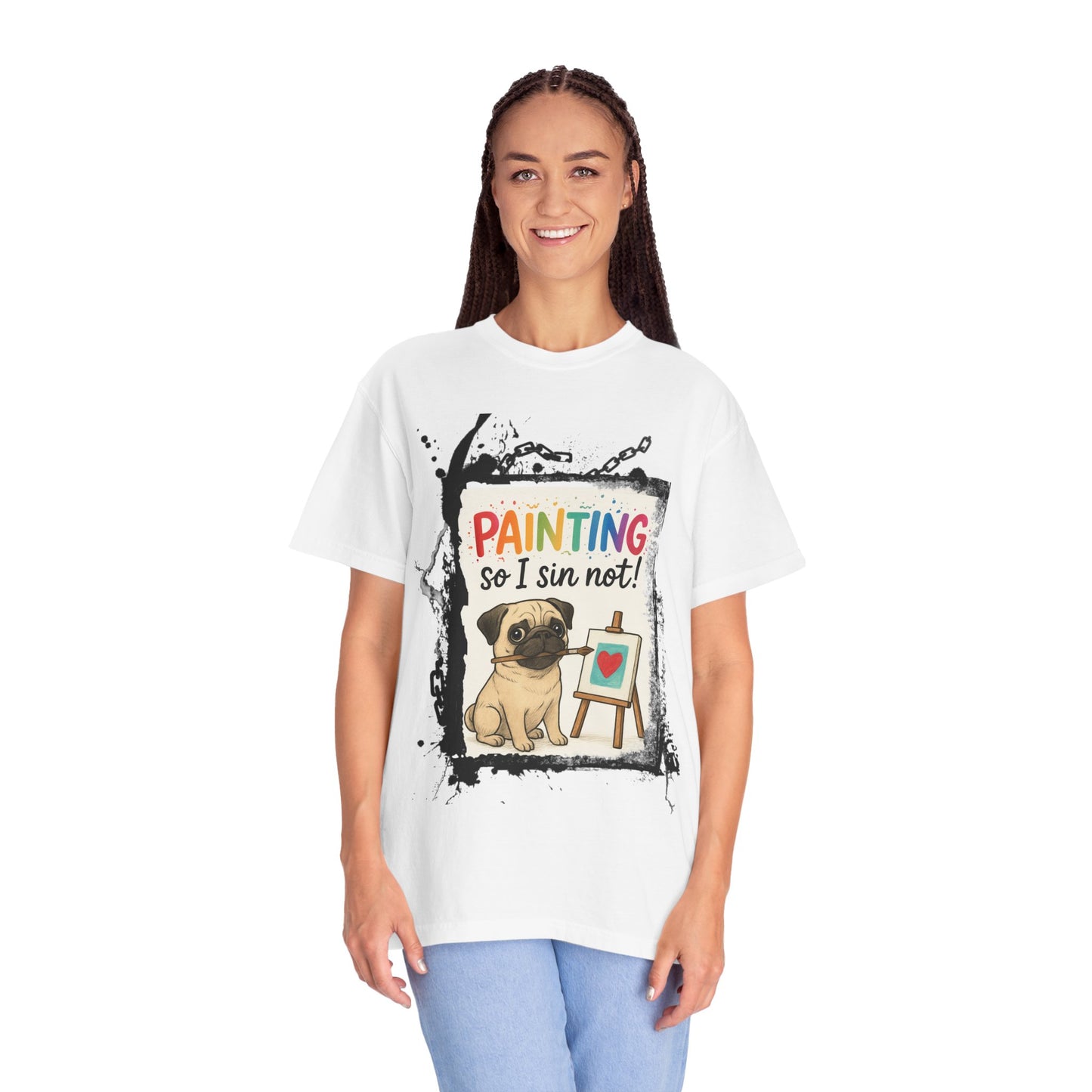 Humorous "Painting So I Sin Not" Pug T-Shirt