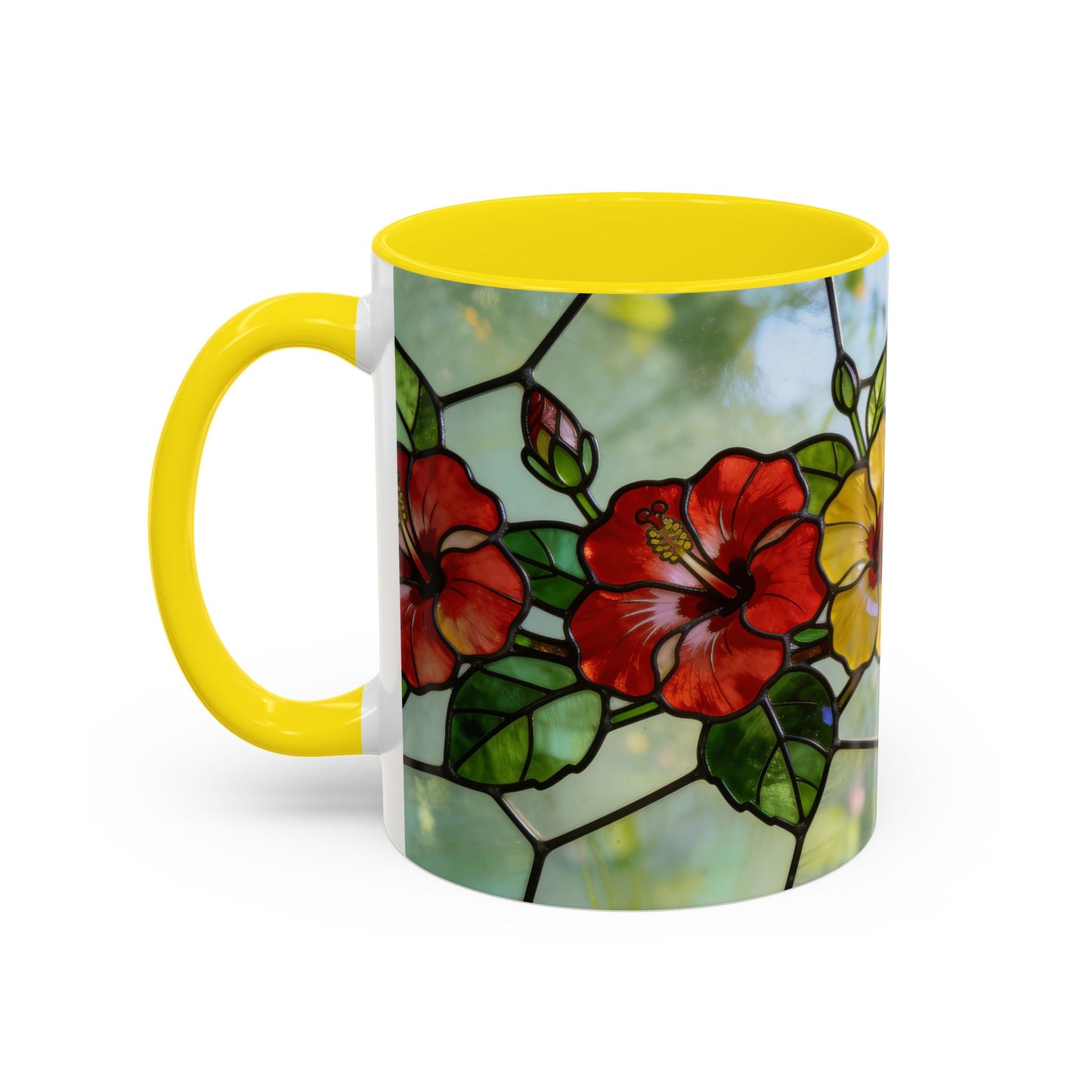 Stained Glass Floral Accent Coffee Mug — Hibiscus & Sunflower Art (11/15oz)