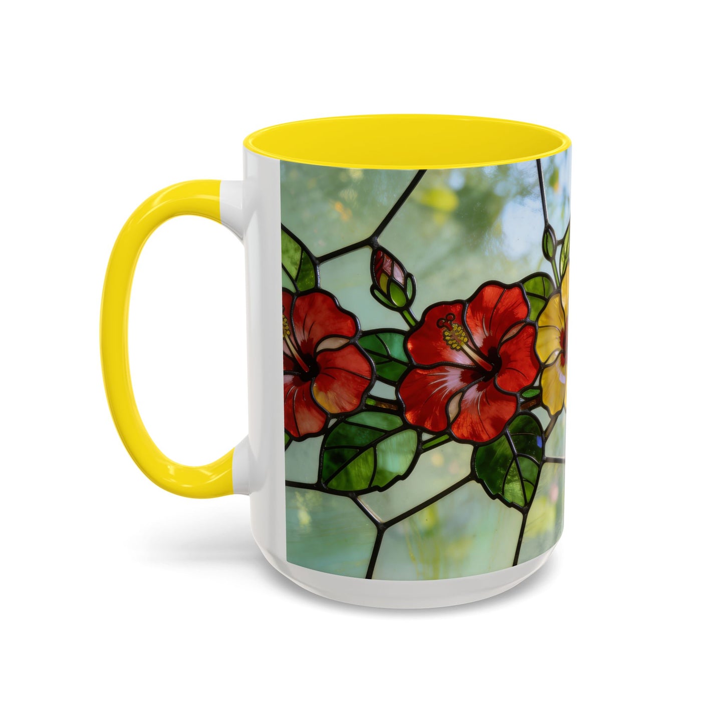 Stained Glass Floral Accent Coffee Mug — Hibiscus & Sunflower Art (11/15oz)