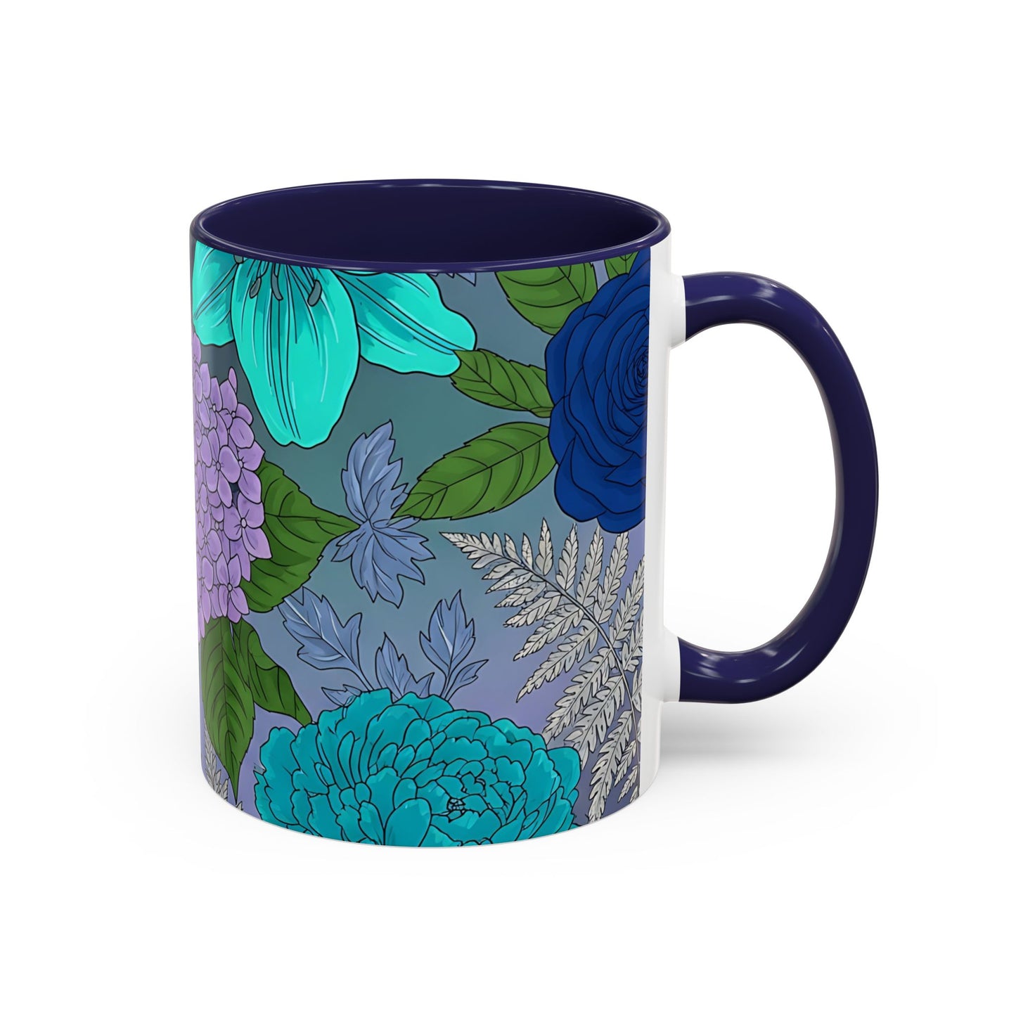 Floral Hydrangea Accent Coffee Mug — Teal & Lavender Botanical Drinkware