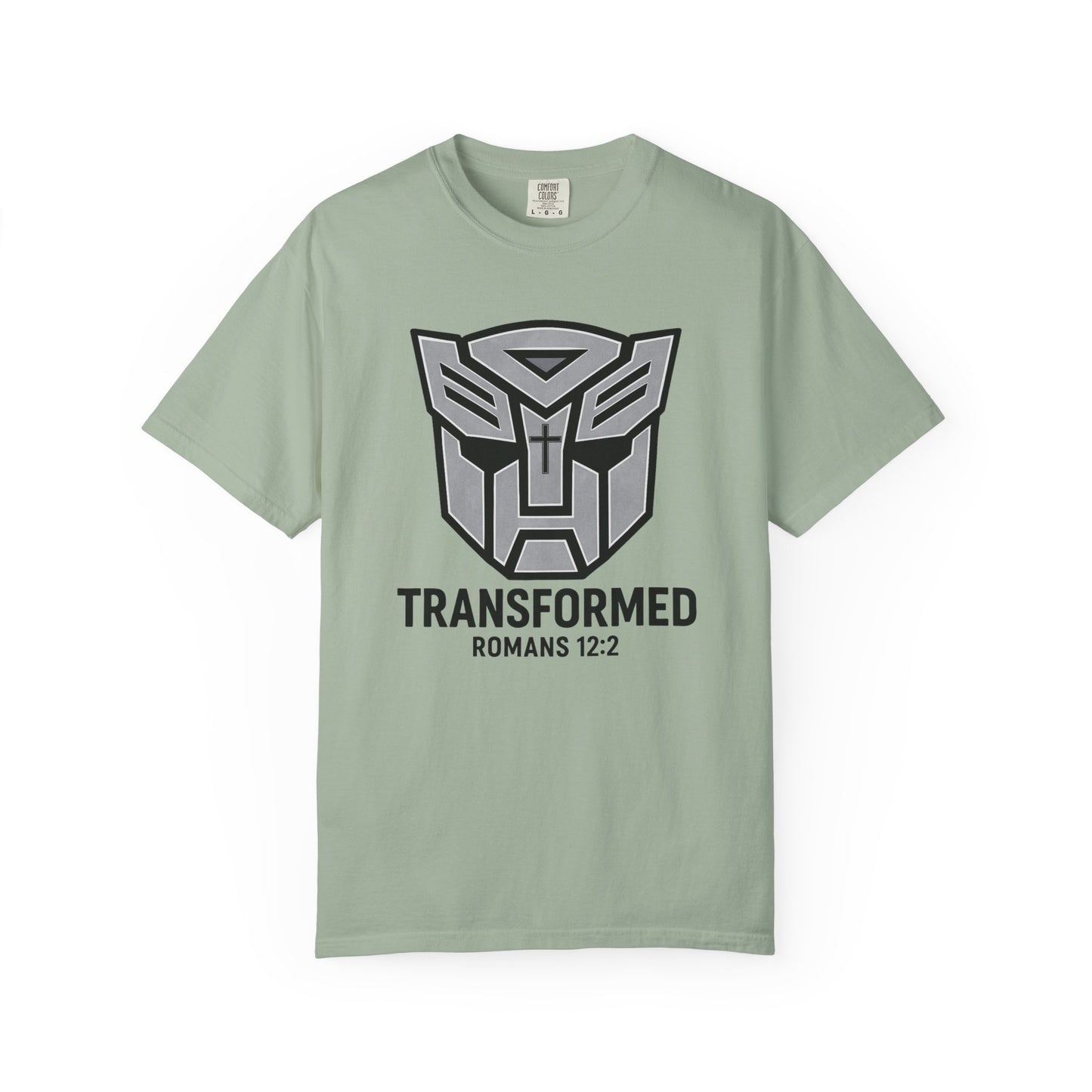 Transformed Graphic Tee — "Transformed" Romans 12:2 Christian Transformer Logo T-Shirt