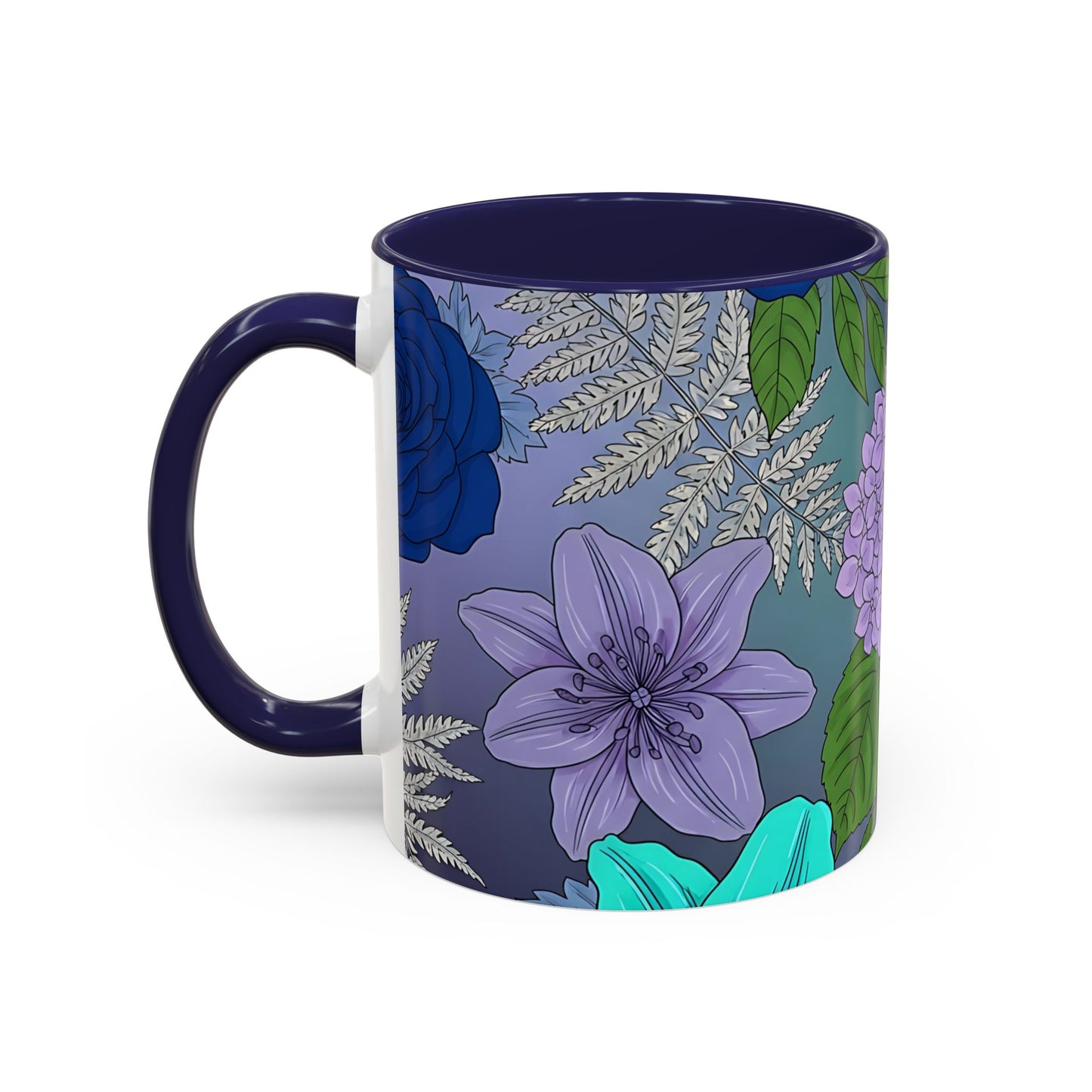 Floral Hydrangea Accent Coffee Mug — Teal & Lavender Botanical Drinkware