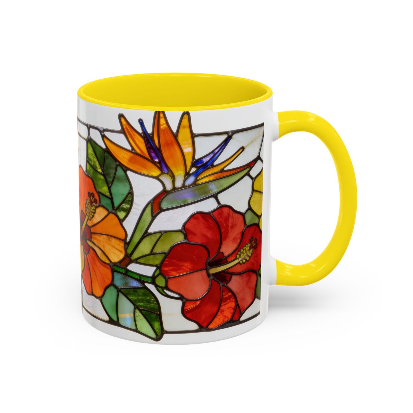 Stained Glass Tropical Flower Coffee Mug — Hibiscus & Bird of Paradise Accent Mug