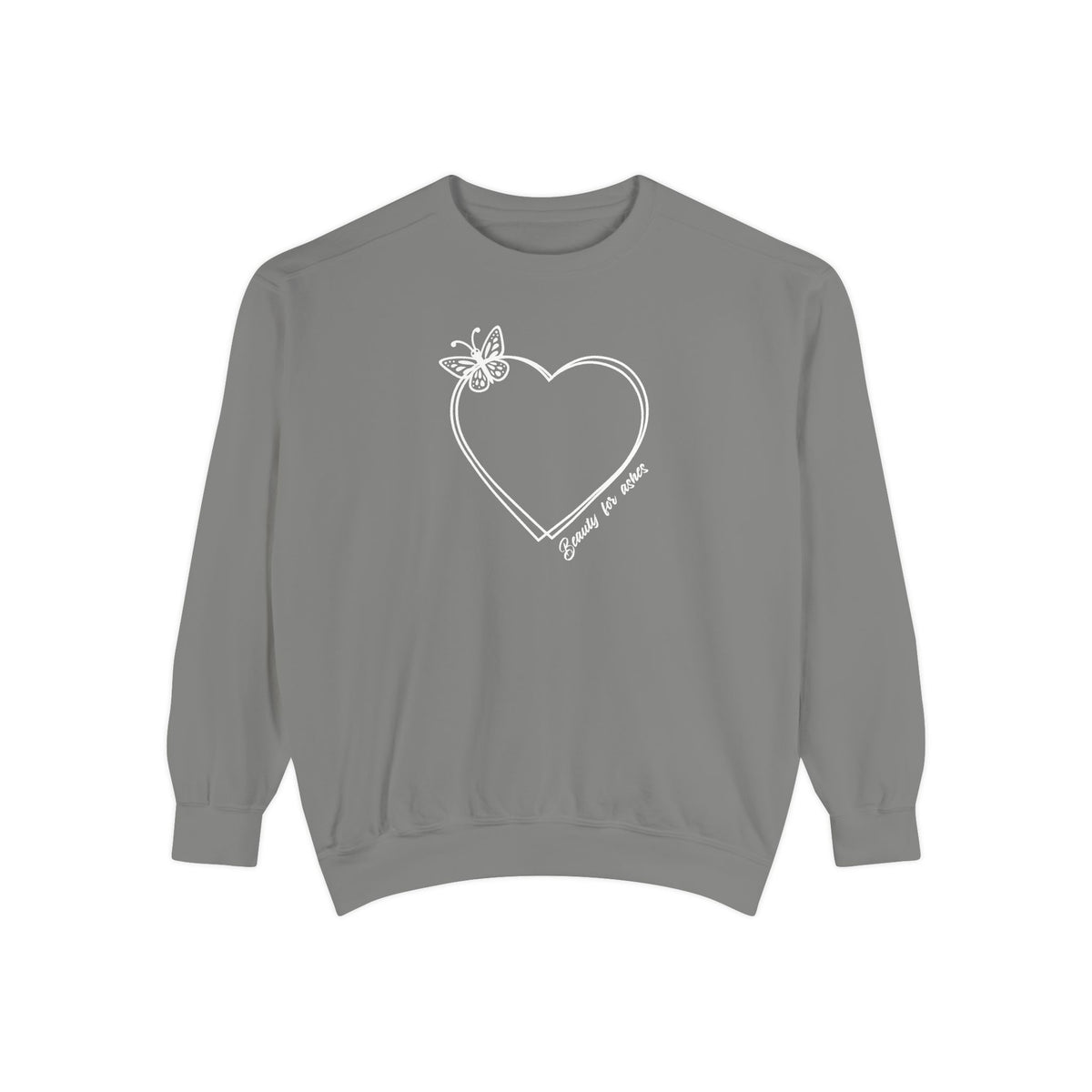 A gray crewneck sweatshirt with a white line-art graphic of a heart, butterfly, and cursive text on the chest, displayed against a solid white background.