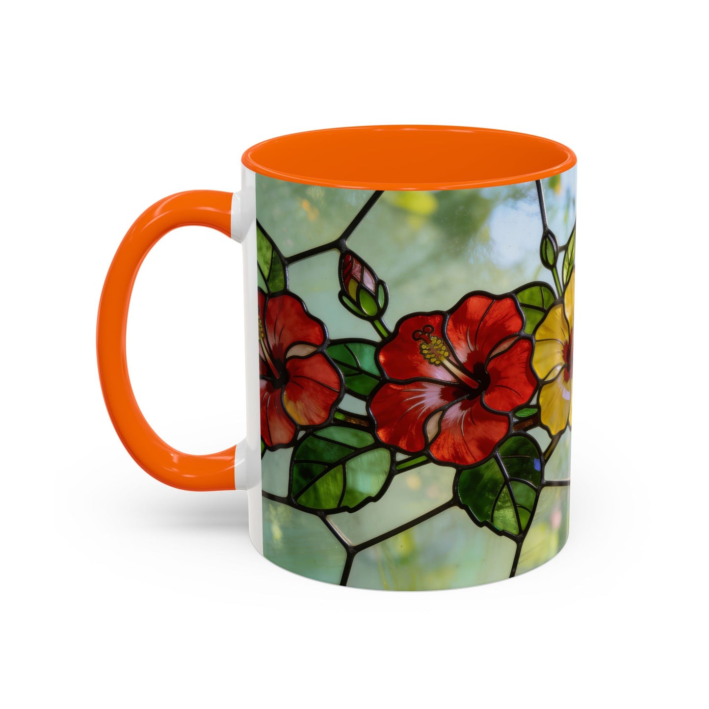Stained Glass Floral Accent Coffee Mug — Hibiscus & Sunflower Art (11/15oz)