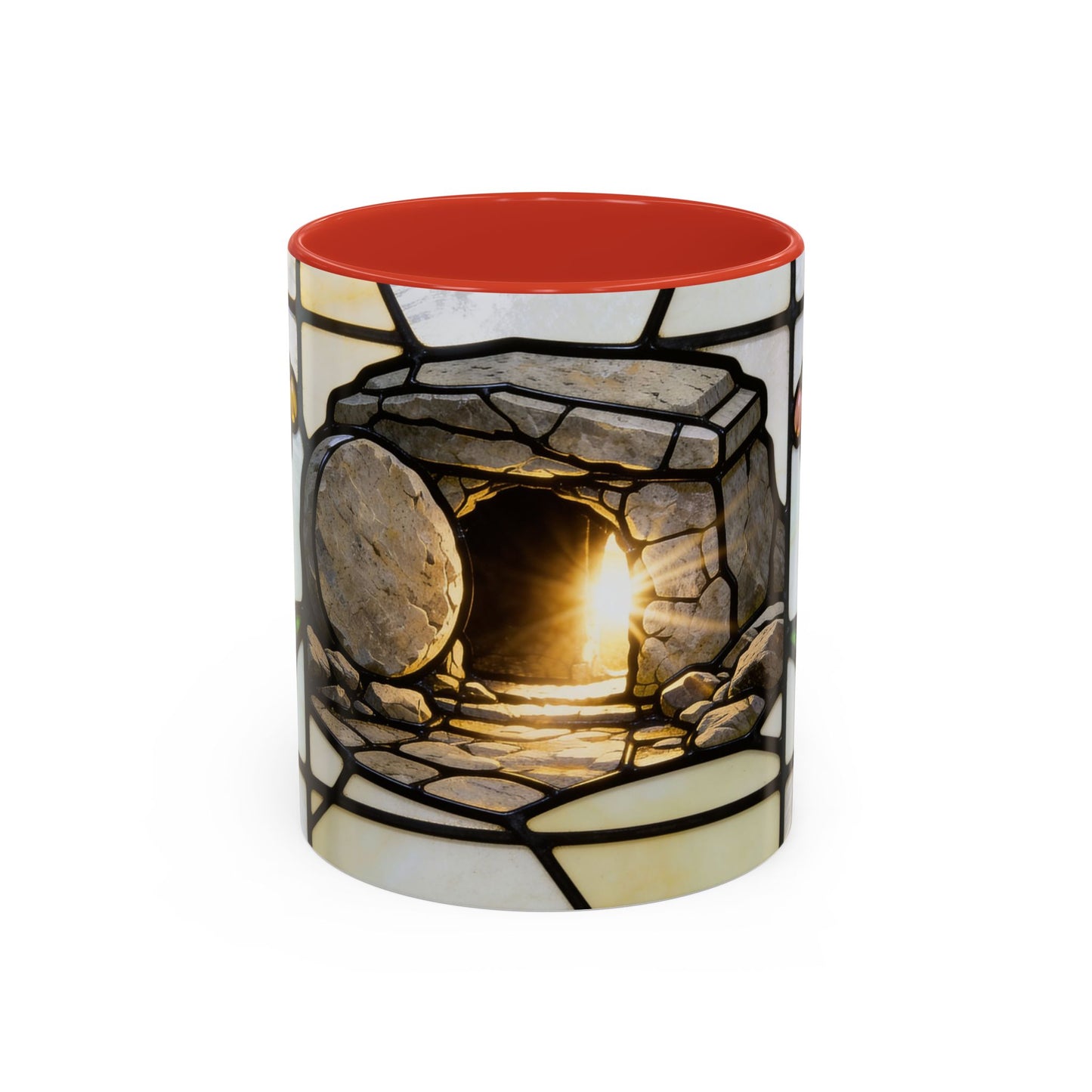 Stained Glass depiction of The Resurrected Tomb & Lily of the Valley Accent Coffee Mug — Christian Easter 11/15oz