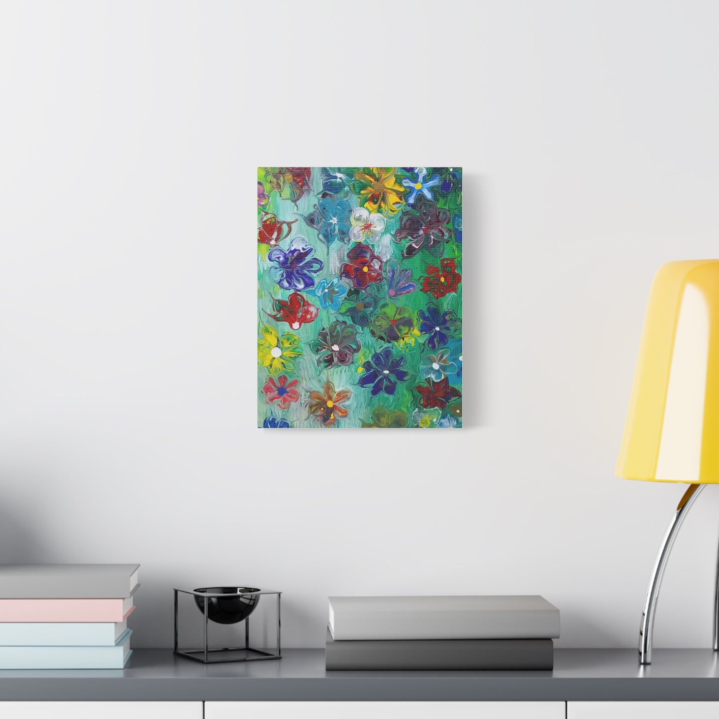 Abstract Floral Canvas Art Print — Vibrant Mixed Flowers on Green, Stretched Matte 1.25" Frame