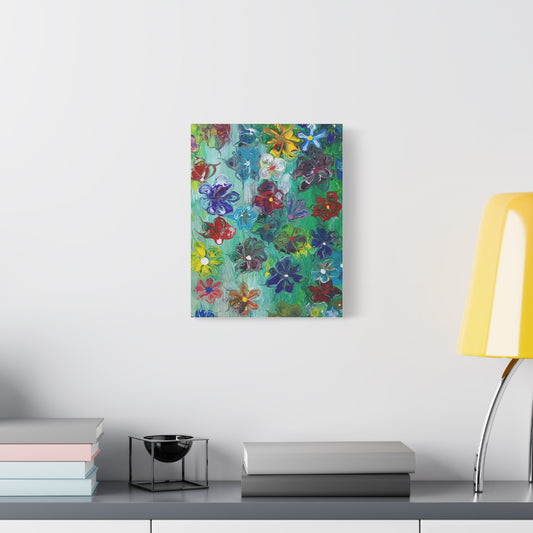 Abstract Floral Canvas Art Print — Vibrant Mixed Flowers on Green, Stretched Matte 1.25" Frame