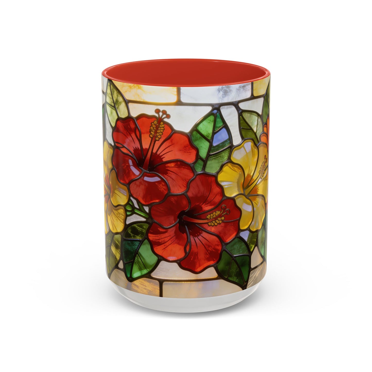 Floral Stained Glass Accent Coffee Mug – Hibiscus & Sunflower Design (11/15oz)