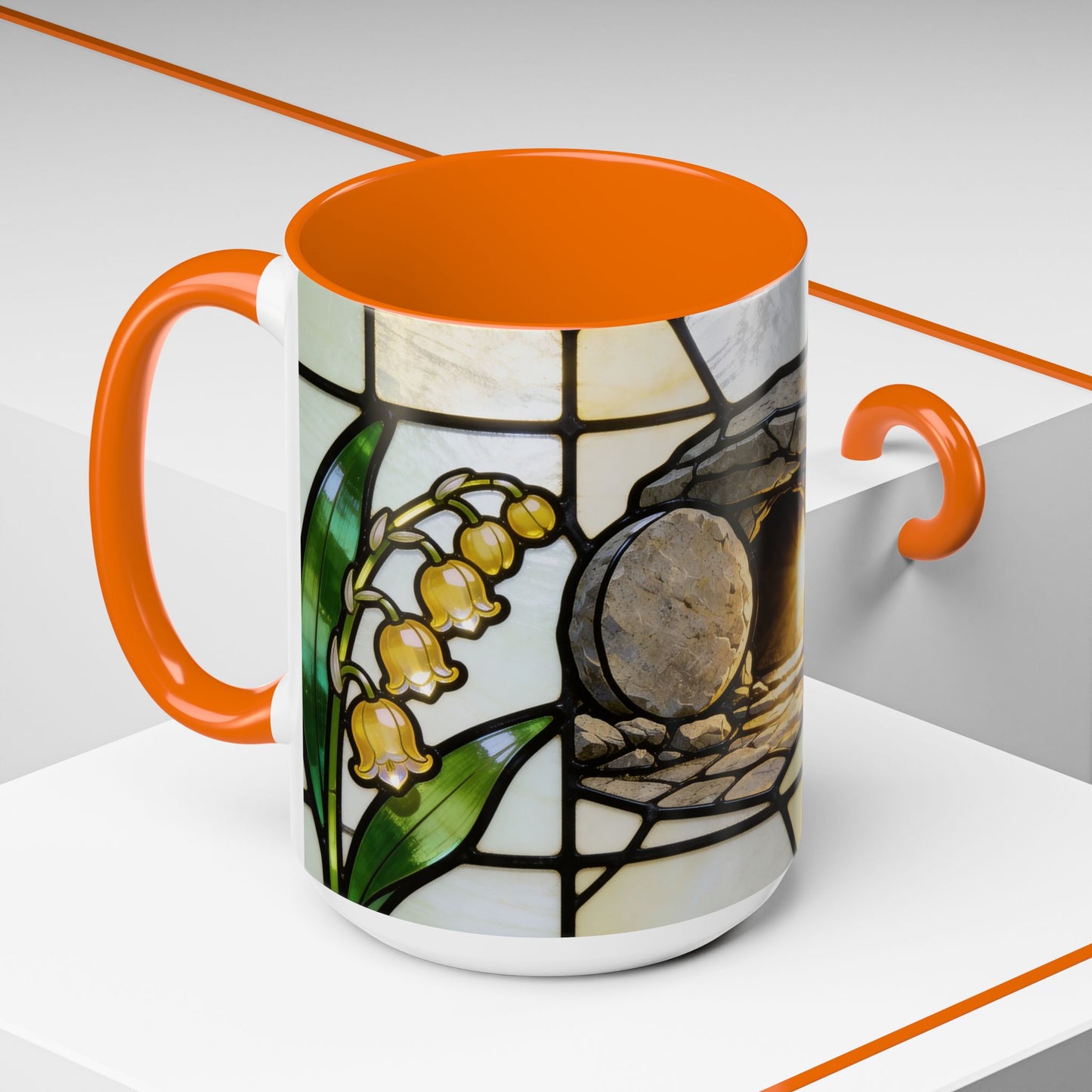 Stained Glass depiction of The Resurrected Tomb & Lily of the Valley Accent Coffee Mug — Christian Easter 11/15oz