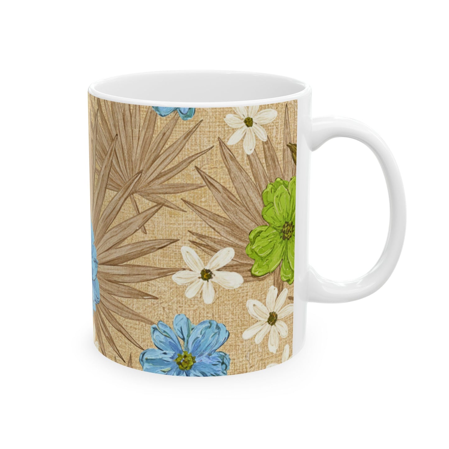 Floral Boho Ceramic Mug - Blue Wildflowers on Palm Leaf Background (11oz, 15oz)