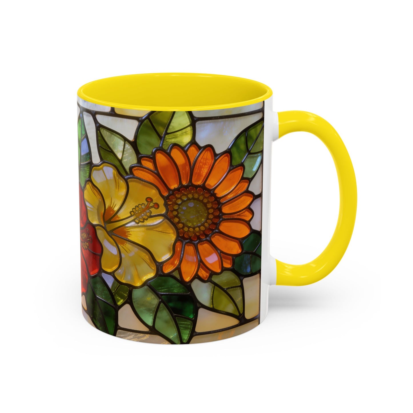 Floral Stained Glass Accent Coffee Mug – Hibiscus & Sunflower Design (11/15oz)