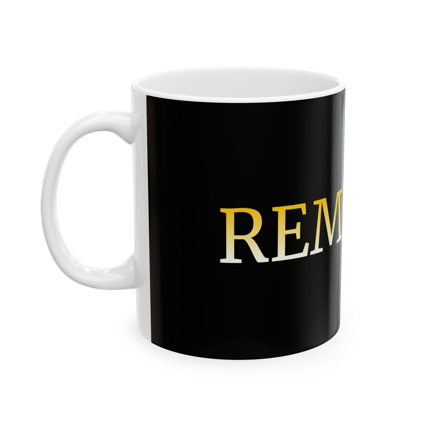 REMNANT Gold Lettering Black Ceramic Mug (11oz & 15oz) — Religious Coffee Cup, Christian Gift