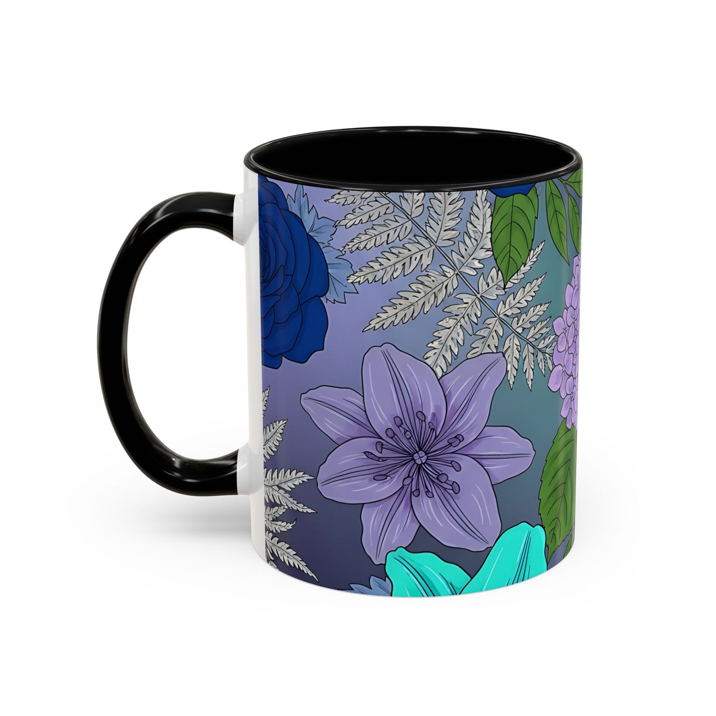 Floral Hydrangea Accent Coffee Mug — Teal & Lavender Botanical Drinkware