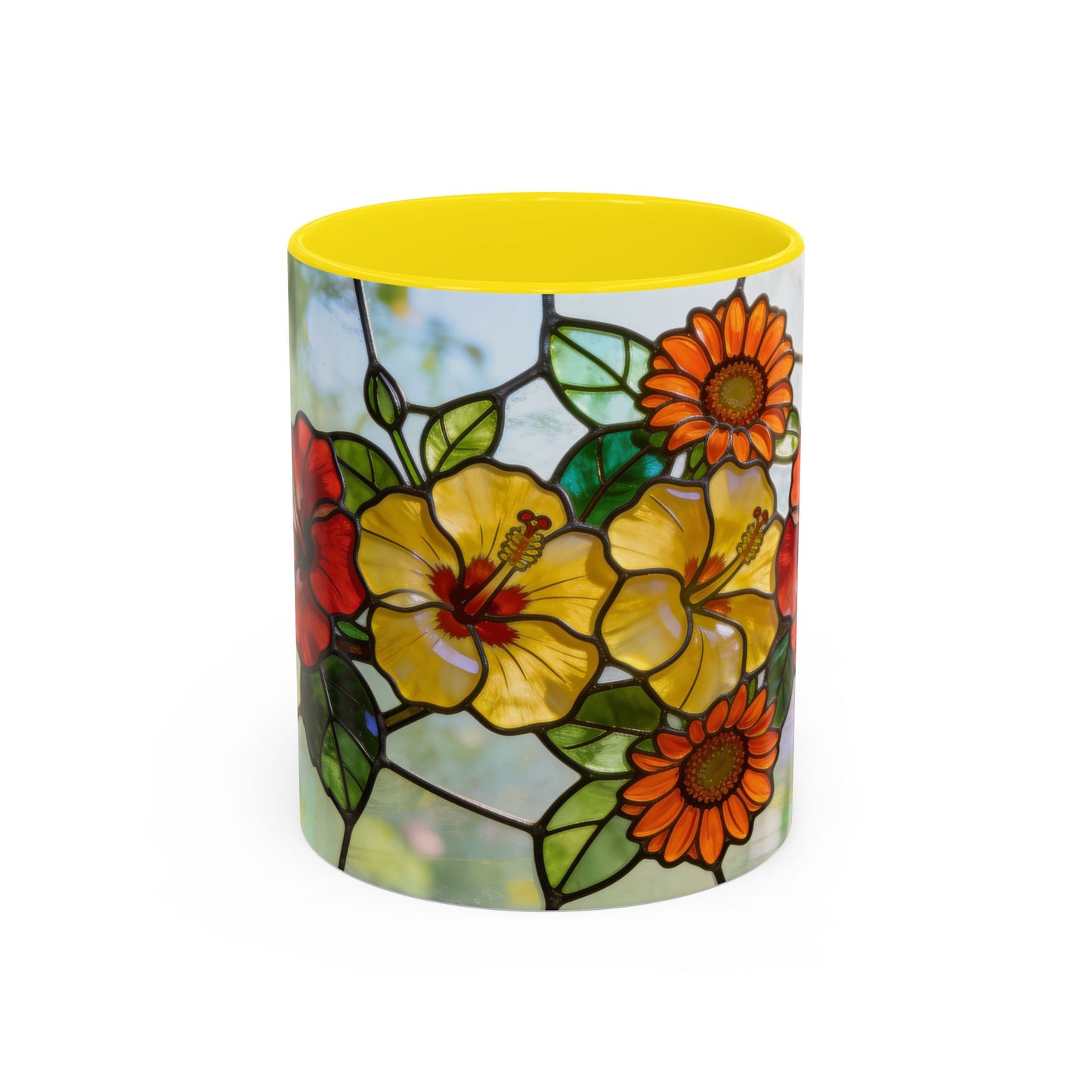 Stained Glass Floral Accent Coffee Mug — Hibiscus & Sunflower Art (11/15oz)