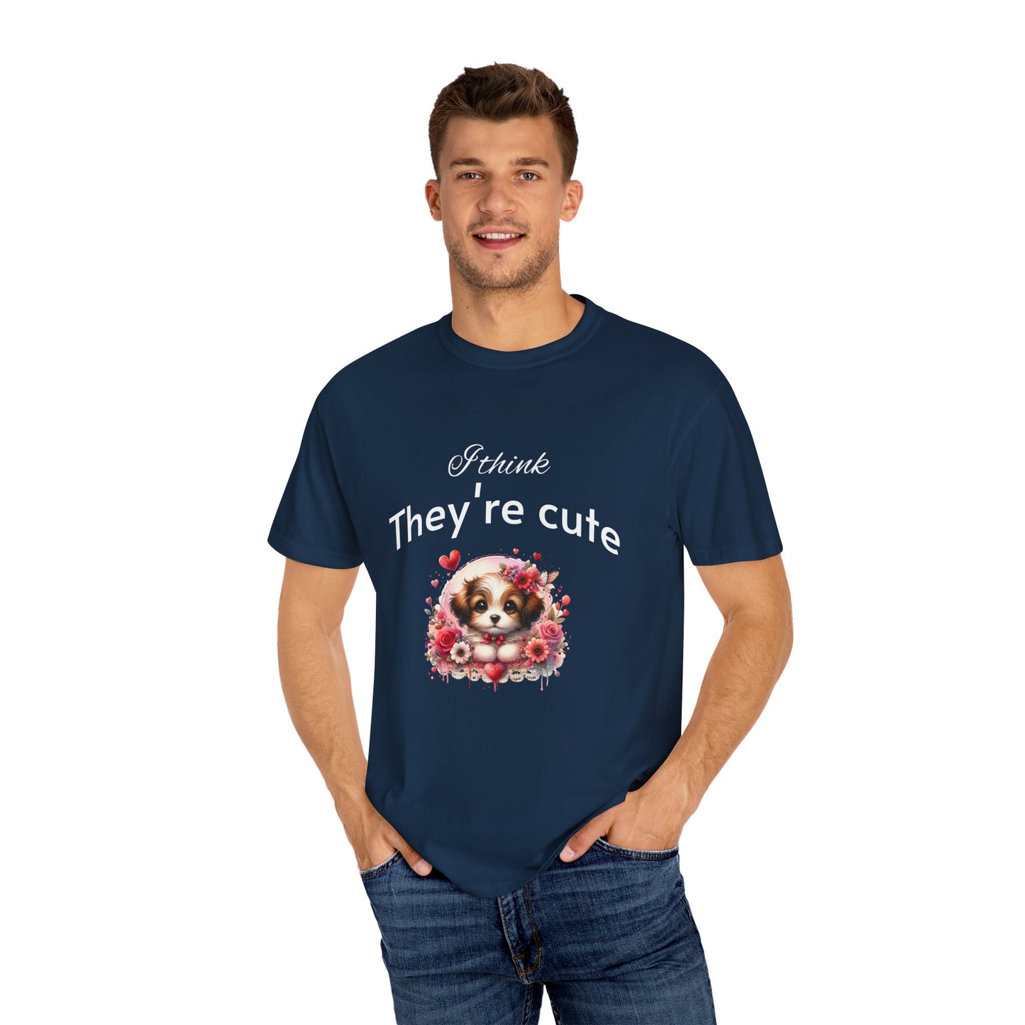 Cute Puppy Love adorned with hearts and beautiful flowers Unisex Garment-Dyed T-Shirt - Perfect for Dog Lovers