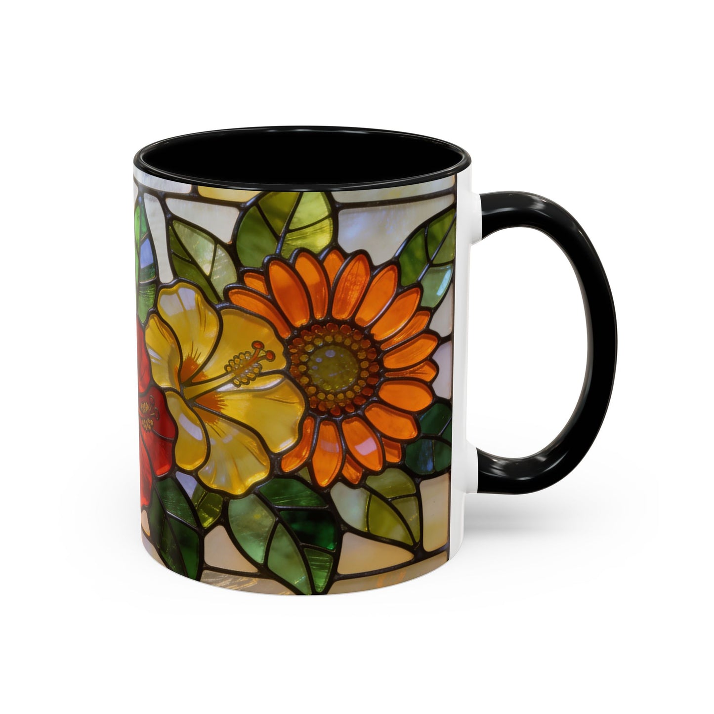 Floral Stained Glass Accent Coffee Mug – Hibiscus & Sunflower Design (11/15oz)