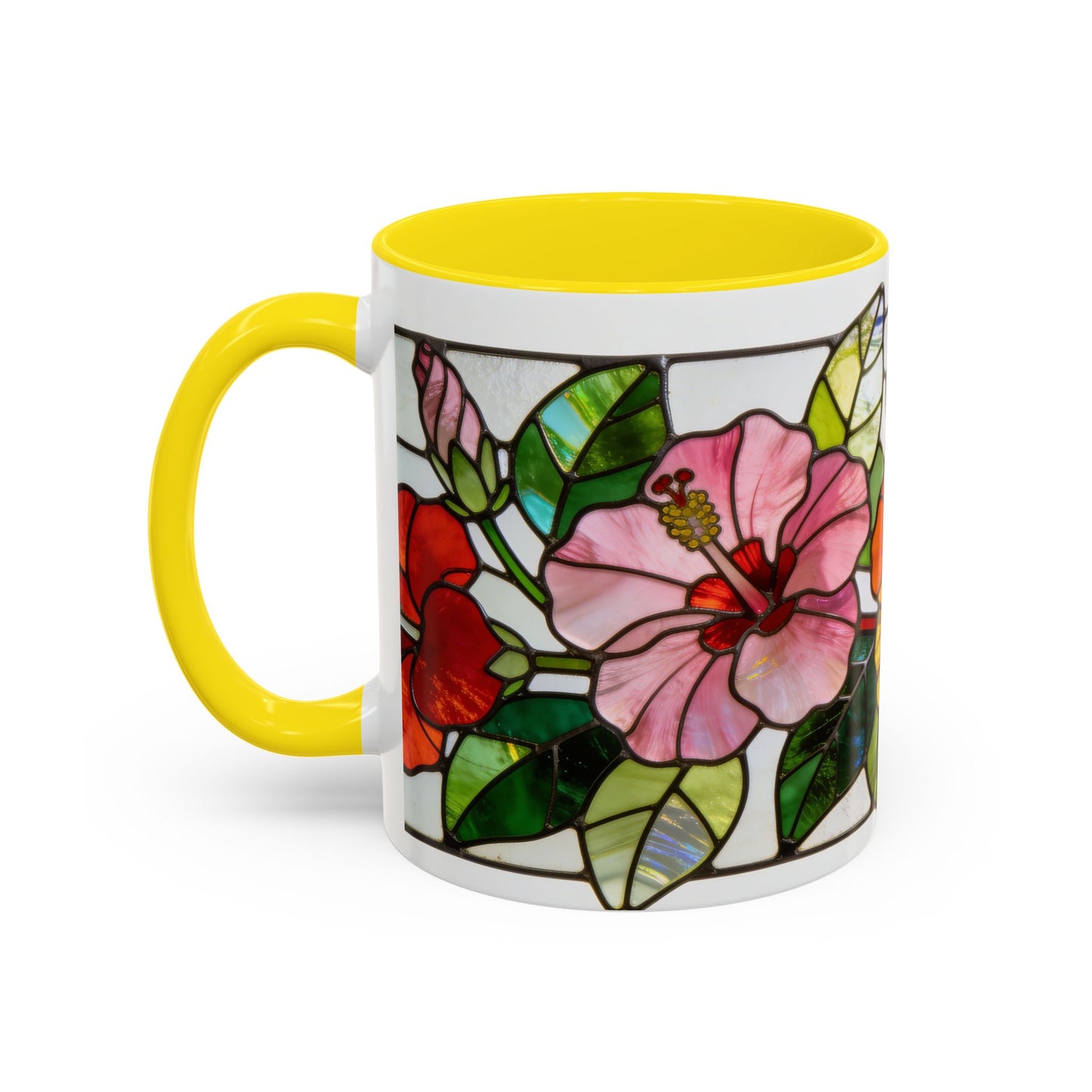 Stained Glass Tropical Flower Coffee Mug — Hibiscus & Bird of Paradise Accent Mug