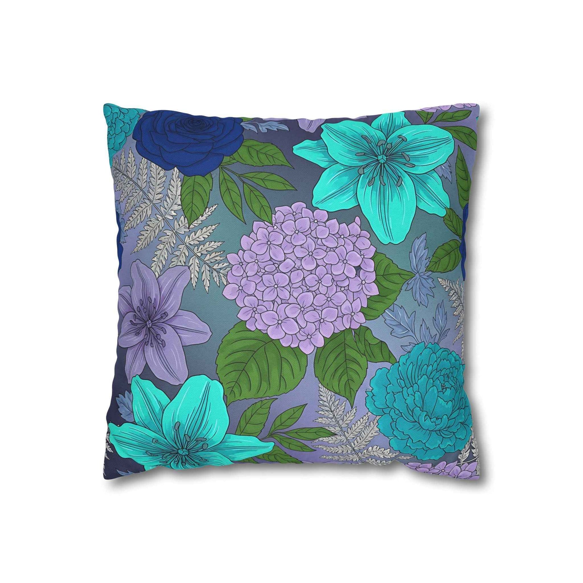Floral Blue & Teal Decorative Pillowcase — Hydrangea & Lily Square Cushion Cover