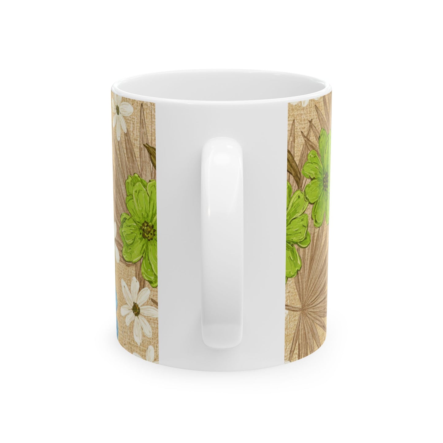 Floral Boho Ceramic Mug - Blue Wildflowers on Palm Leaf Background (11oz, 15oz)
