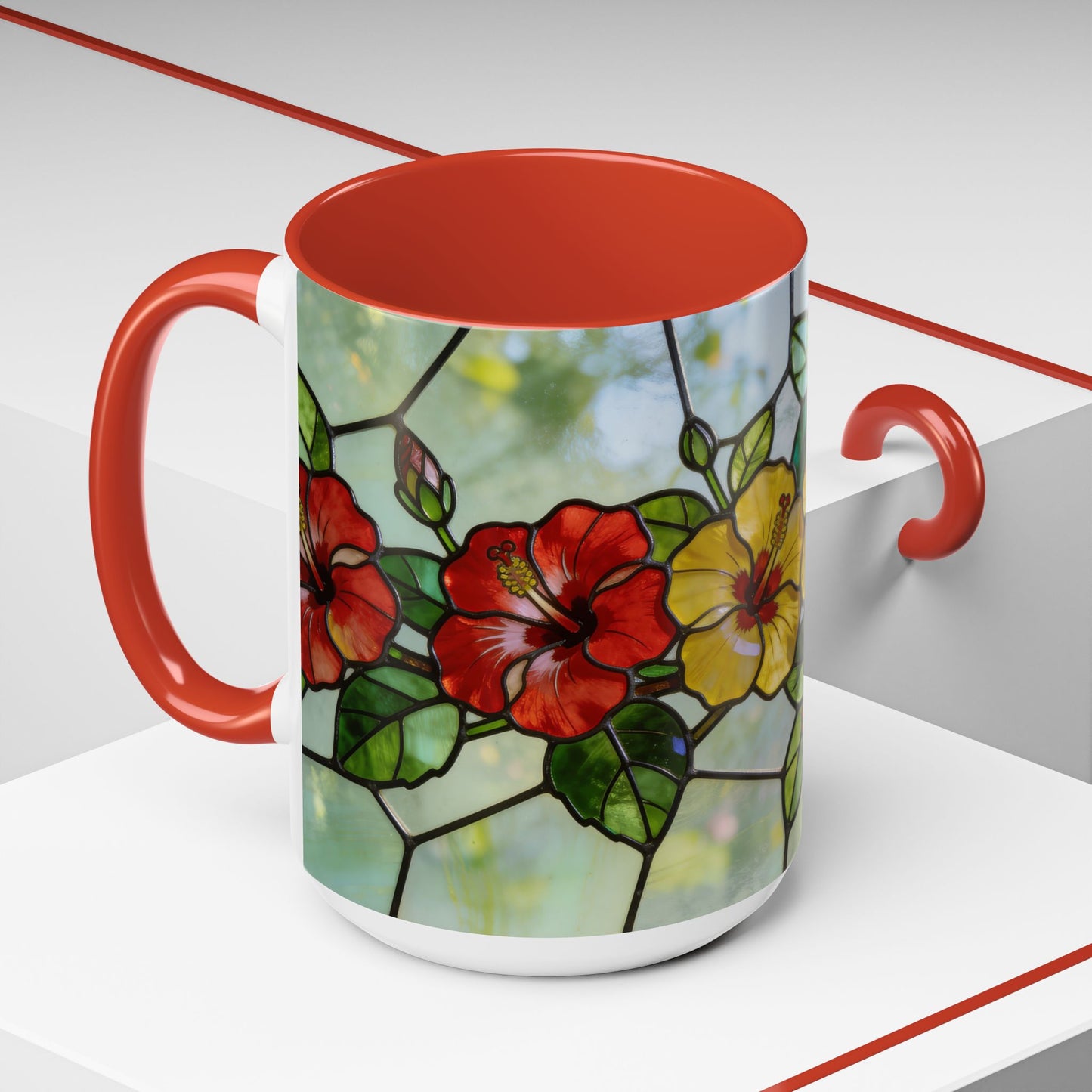 Stained Glass Floral Accent Coffee Mug — Hibiscus & Sunflower Art (11/15oz)