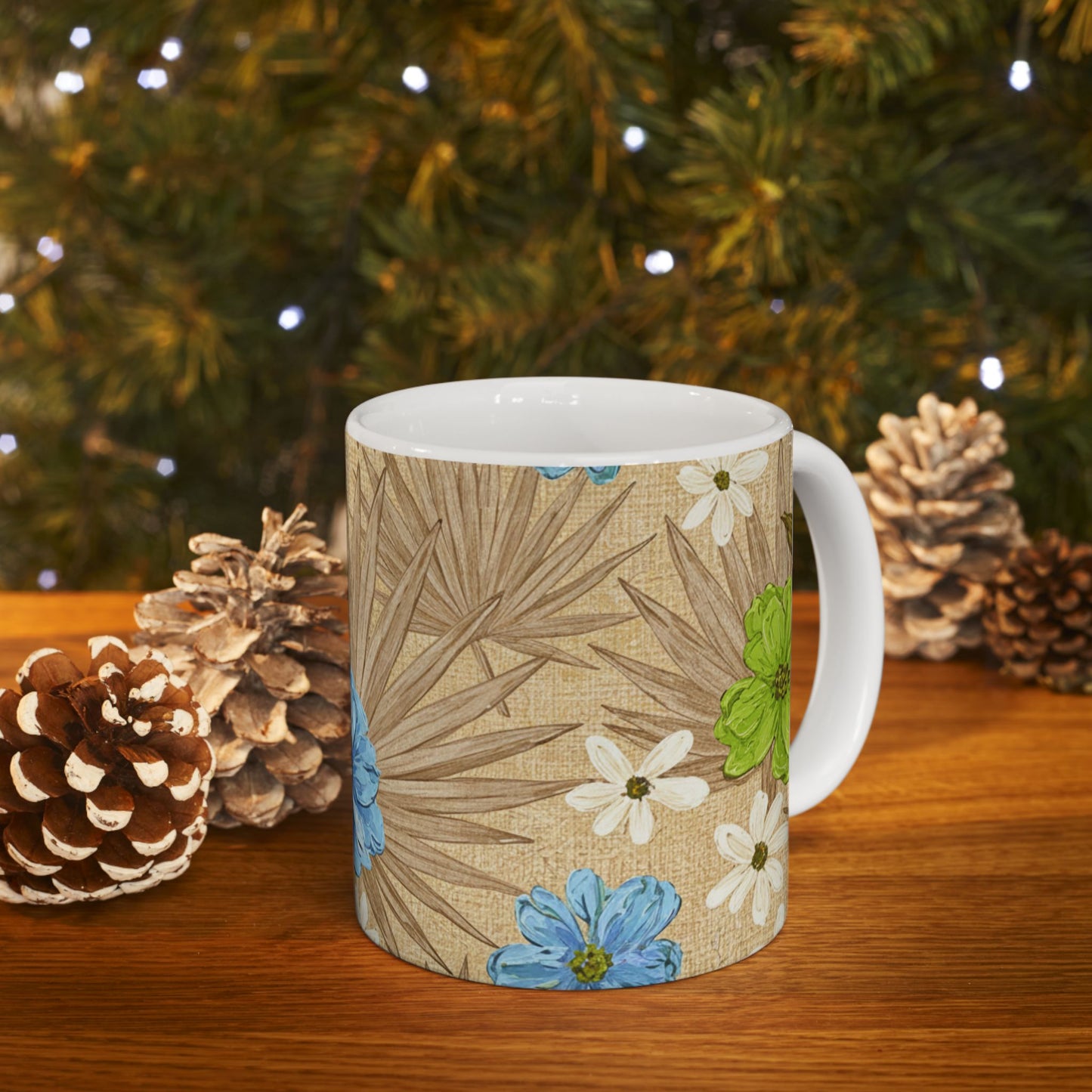 Floral Boho Ceramic Mug - Blue Wildflowers on Palm Leaf Background (11oz, 15oz)