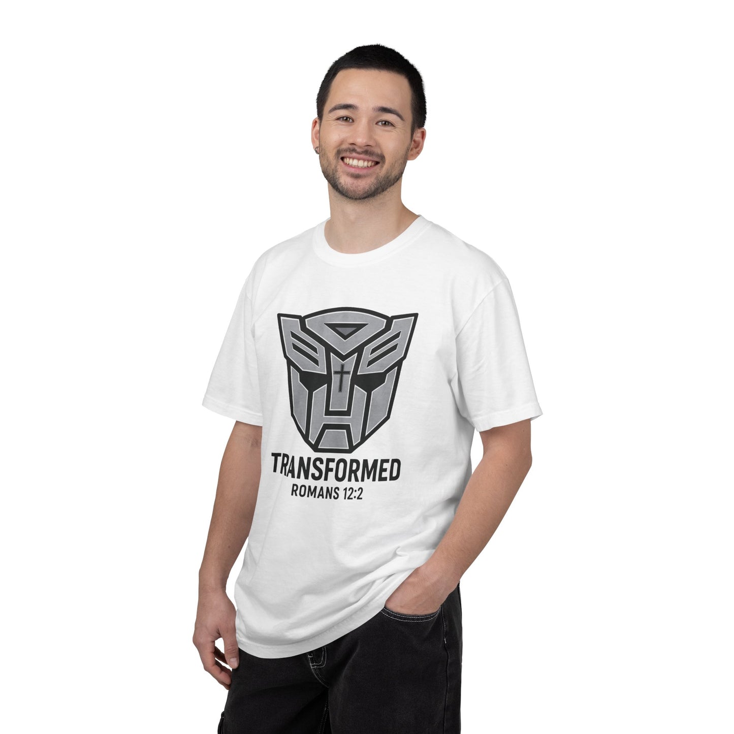 Transformed Graphic Tee — "Transformed" Romans 12:2 Christian Transformer Logo T-Shirt