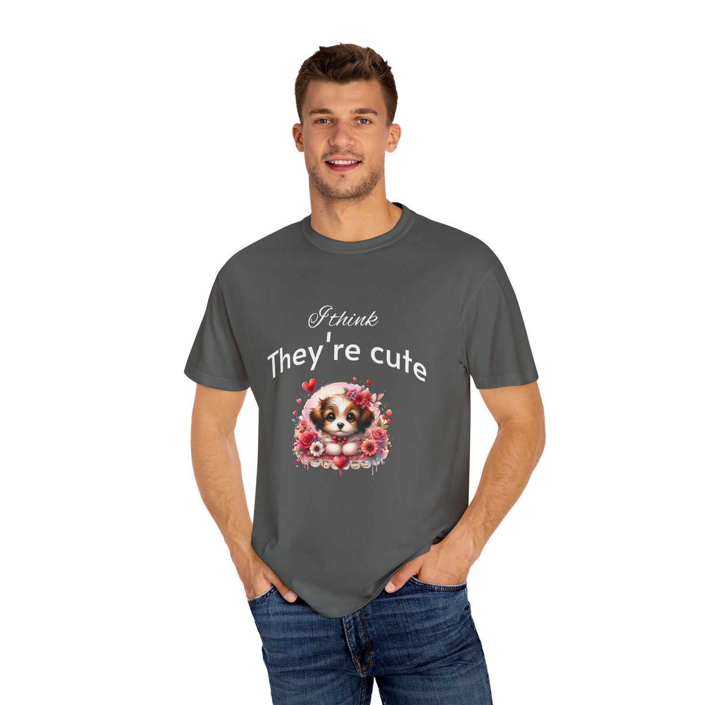 Cute Puppy Love adorned with hearts and beautiful flowers Unisex Garment-Dyed T-Shirt - Perfect for Dog Lovers