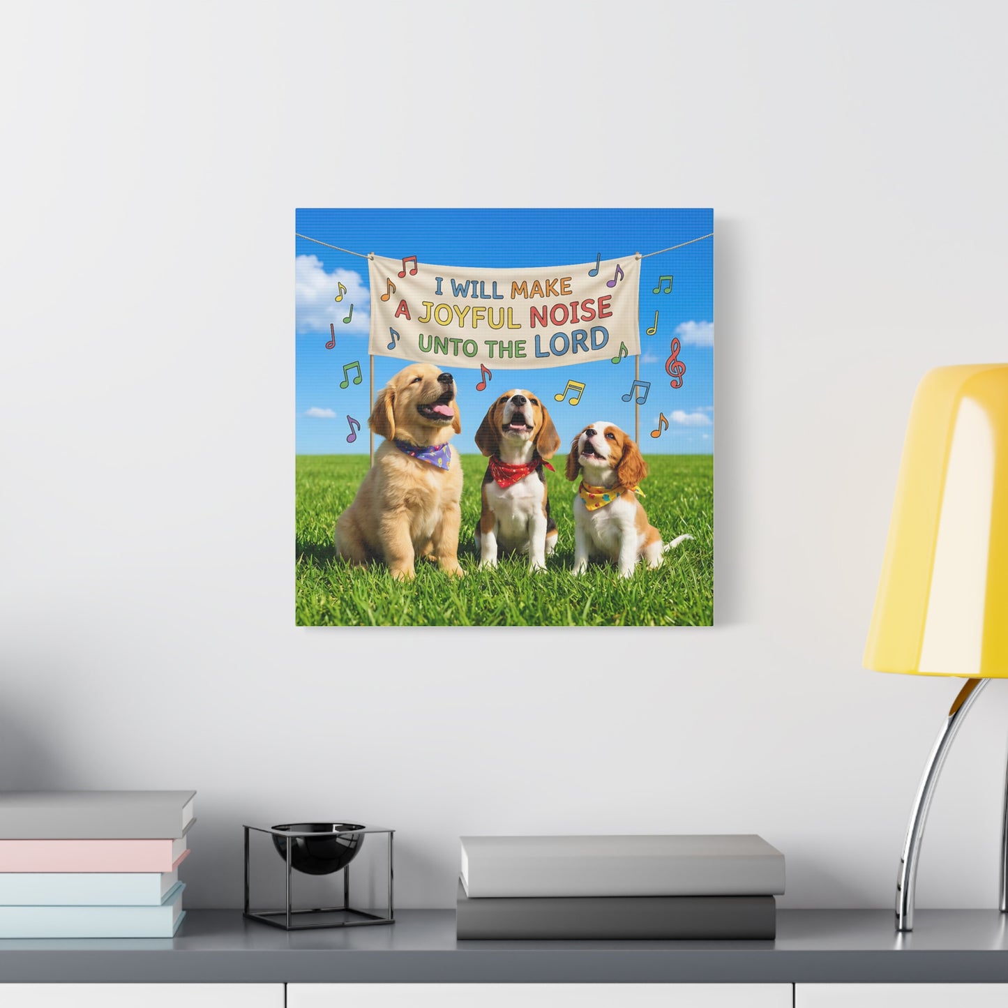 Joyful Noise Puppies Canvas Wall Art — Religious Christian Bible Verse 'I Will Make A Joyful Noise Unto The Lord'