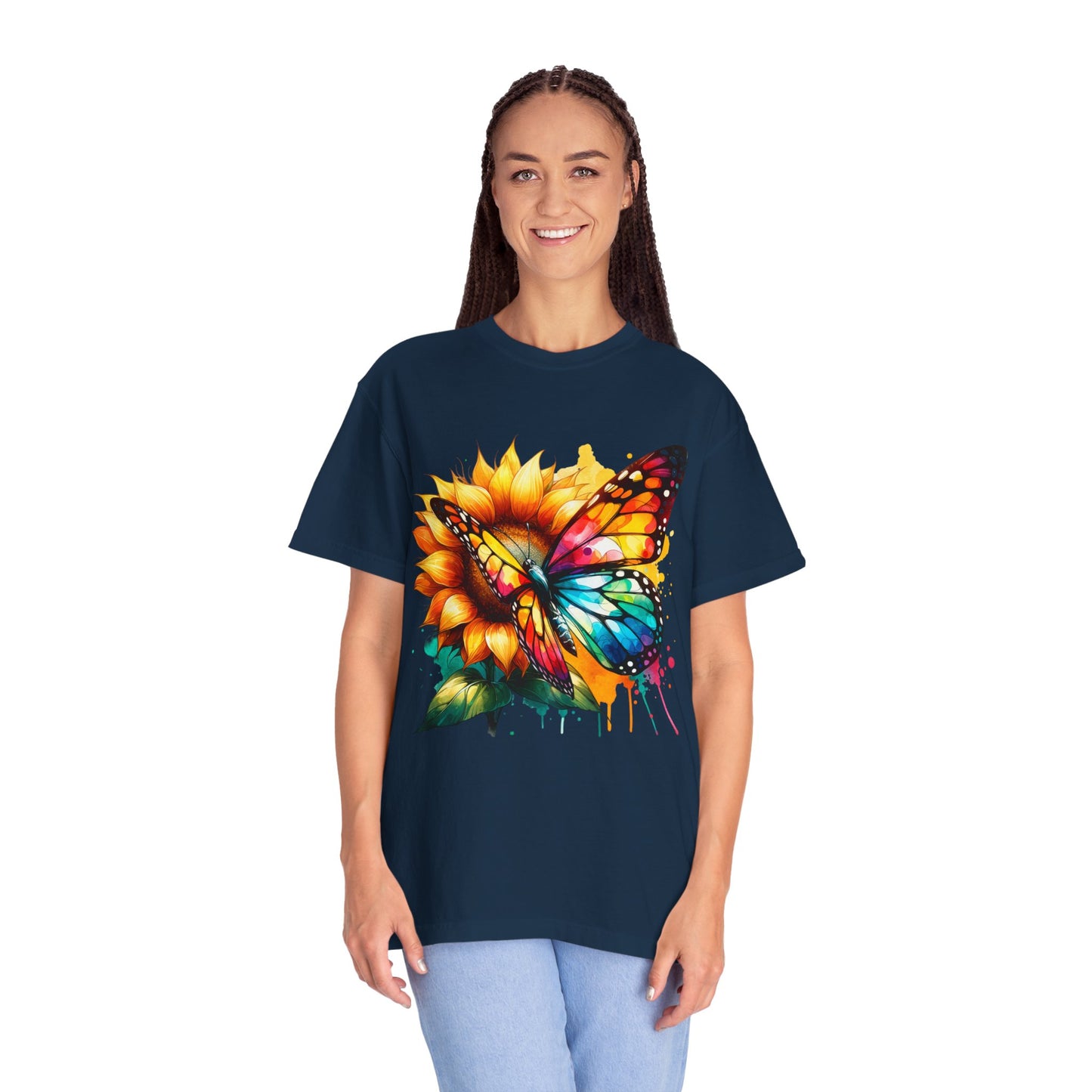 Vibrant Butterfly and Sunflower Unisex T-Shirt - Colorful Nature Art Tee