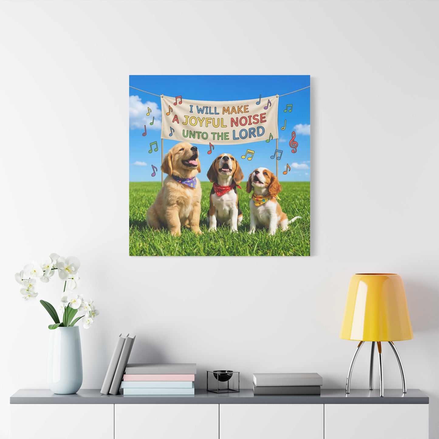 Joyful Noise Puppies Canvas Wall Art — Religious Christian Bible Verse 'I Will Make A Joyful Noise Unto The Lord'