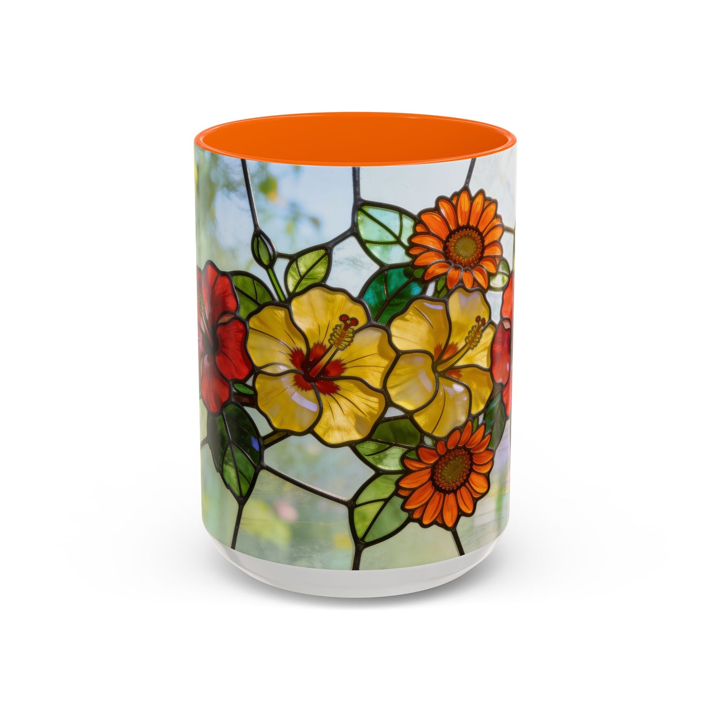 Stained Glass Floral Accent Coffee Mug — Hibiscus & Sunflower Art (11/15oz)