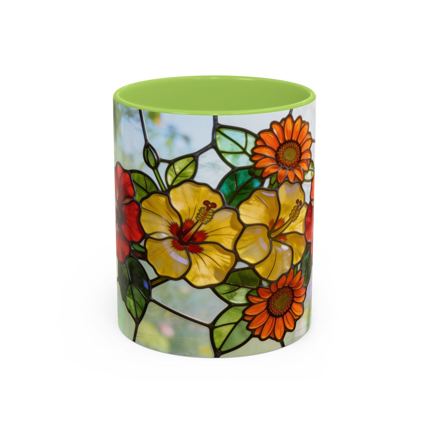 Stained Glass Floral Accent Coffee Mug — Hibiscus & Sunflower Art (11/15oz)