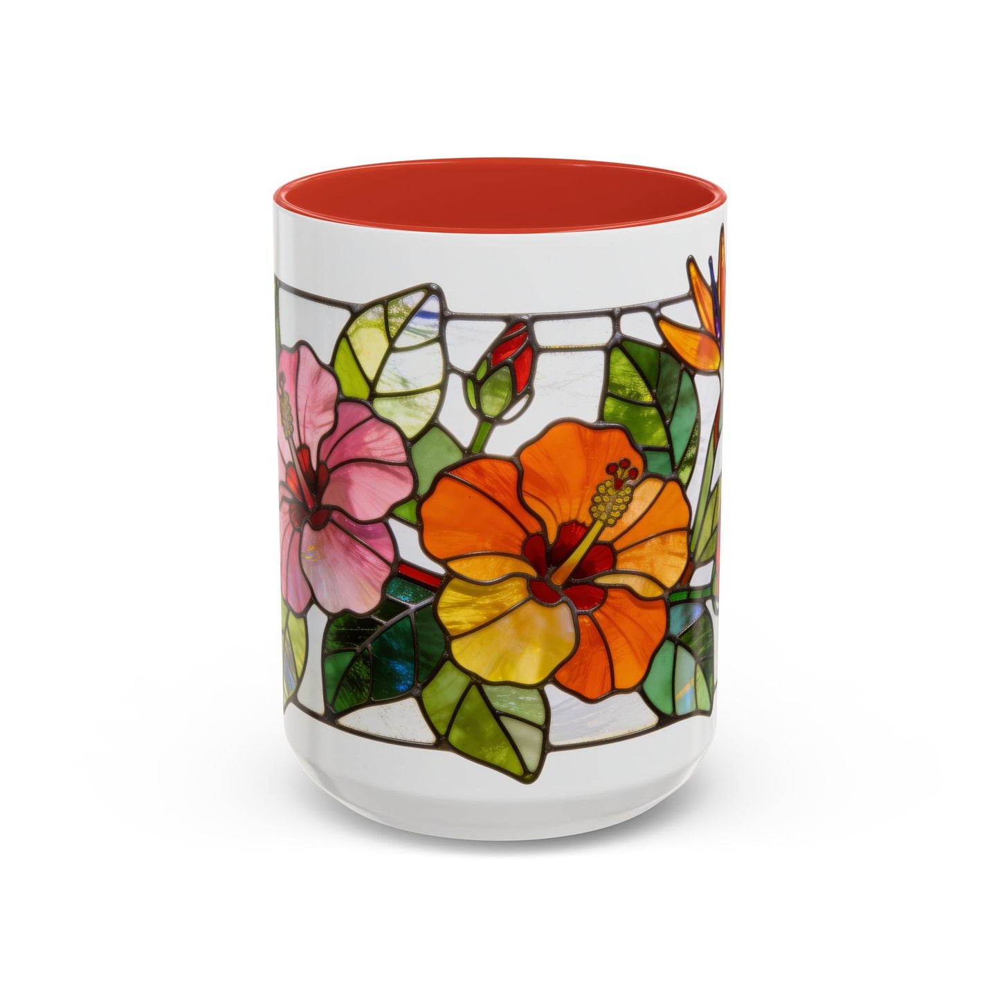 Stained Glass Tropical Flower Coffee Mug — Hibiscus & Bird of Paradise Accent Mug