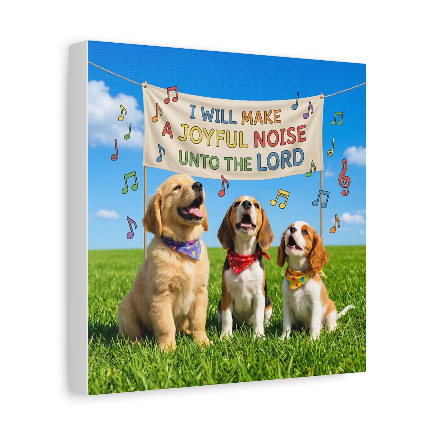 Joyful Noise Puppies Canvas Wall Art — Religious Christian Bible Verse 'I Will Make A Joyful Noise Unto The Lord'