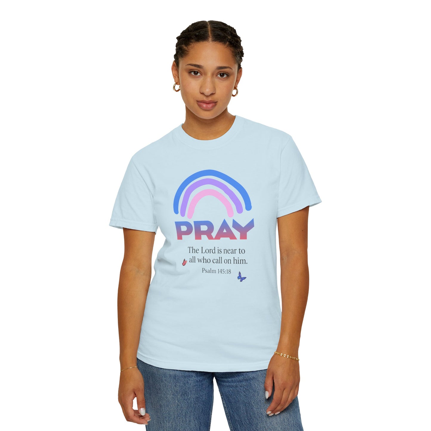 Prayer Rainbow T-Shirt — "PRAY" Psalm 145:18 Inspirational Christian Tee
