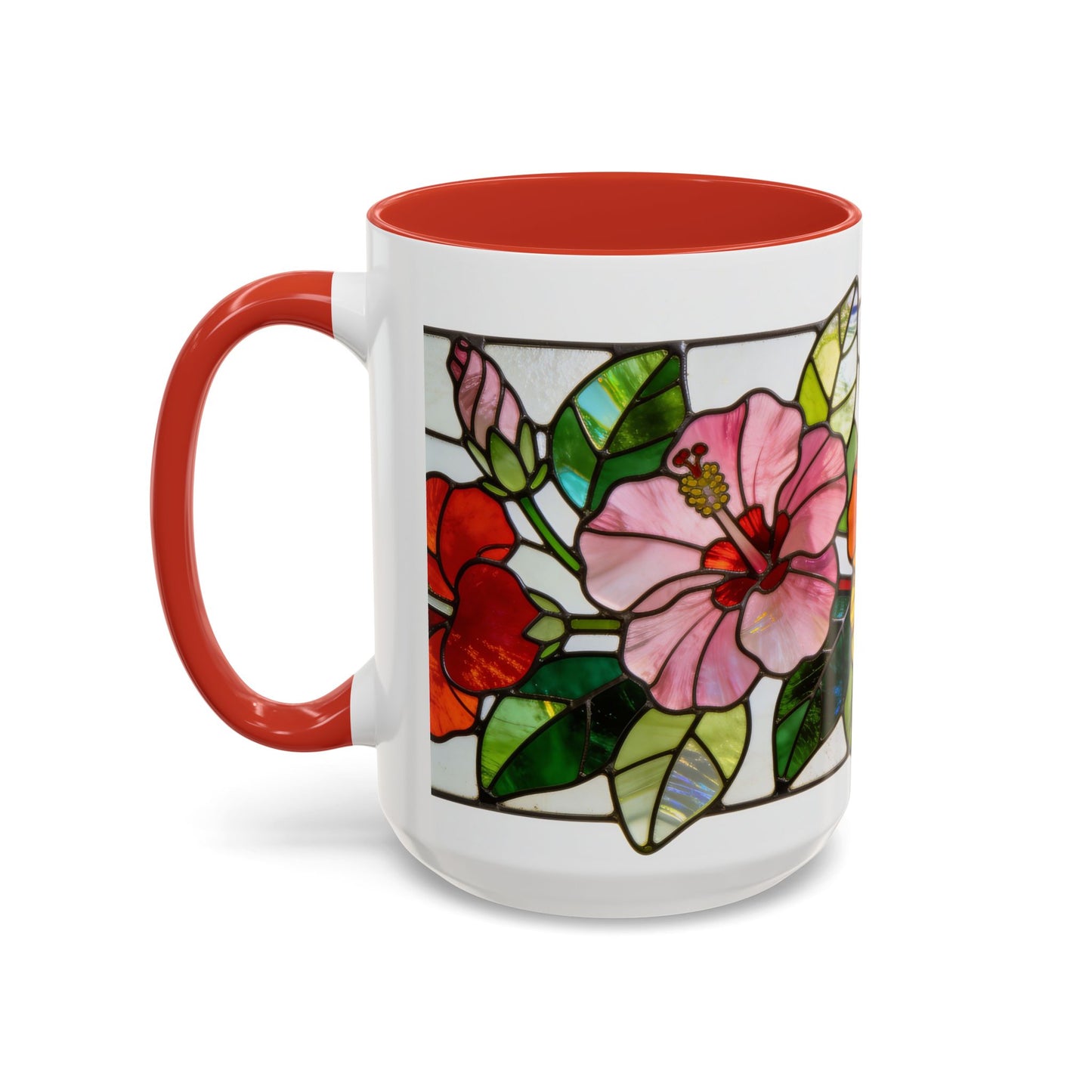 Stained Glass Tropical Flower Coffee Mug — Hibiscus & Bird of Paradise Accent Mug