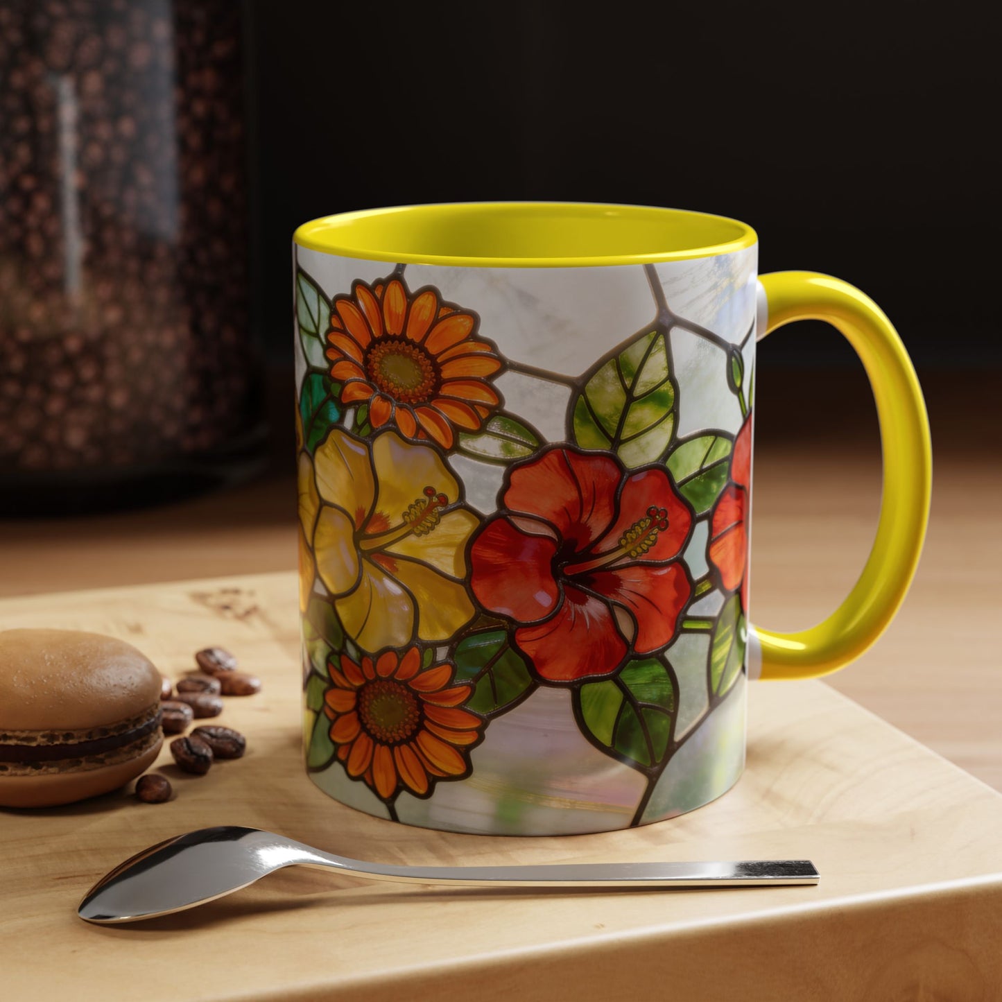 Stained Glass Floral Accent Coffee Mug — Hibiscus & Sunflower Art (11/15oz)